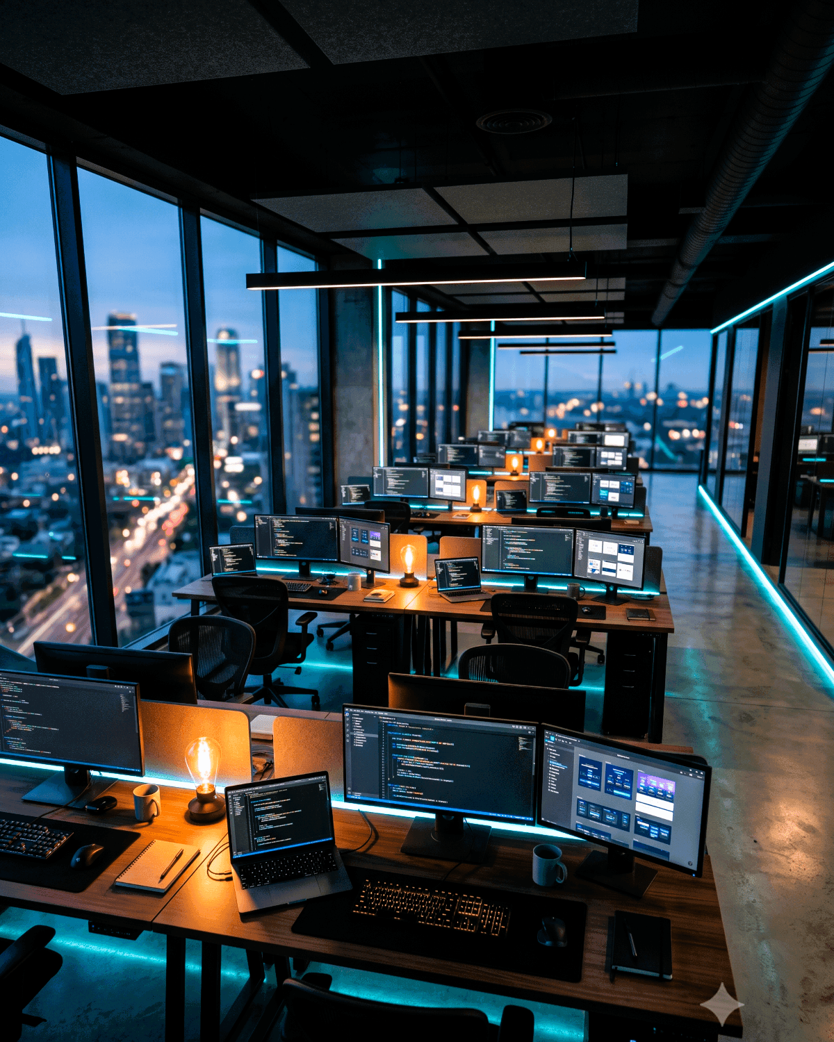 Engineering workspace with code on multiple monitors