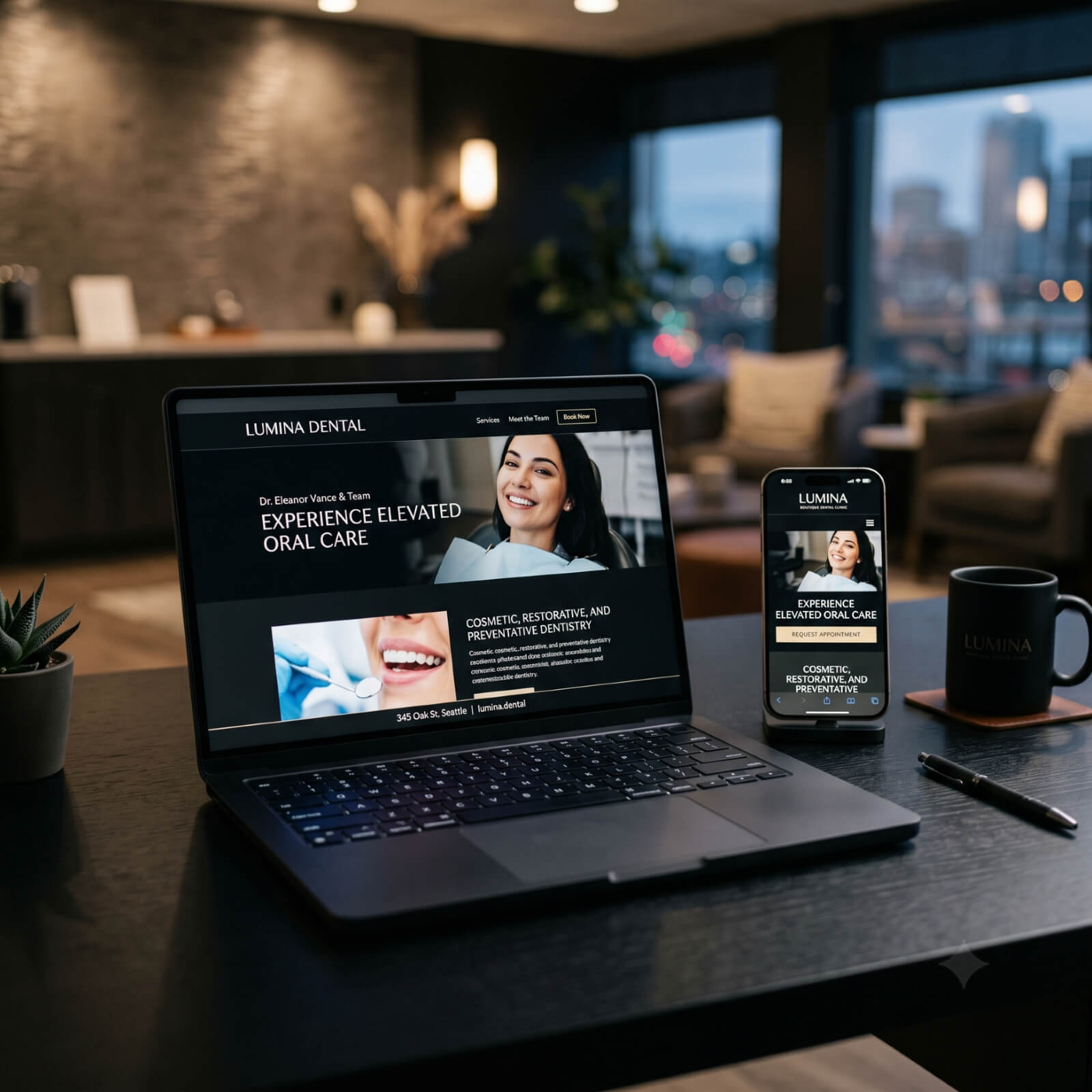 A boutique dental clinic website shown on a MacBook Pro and an iPhone