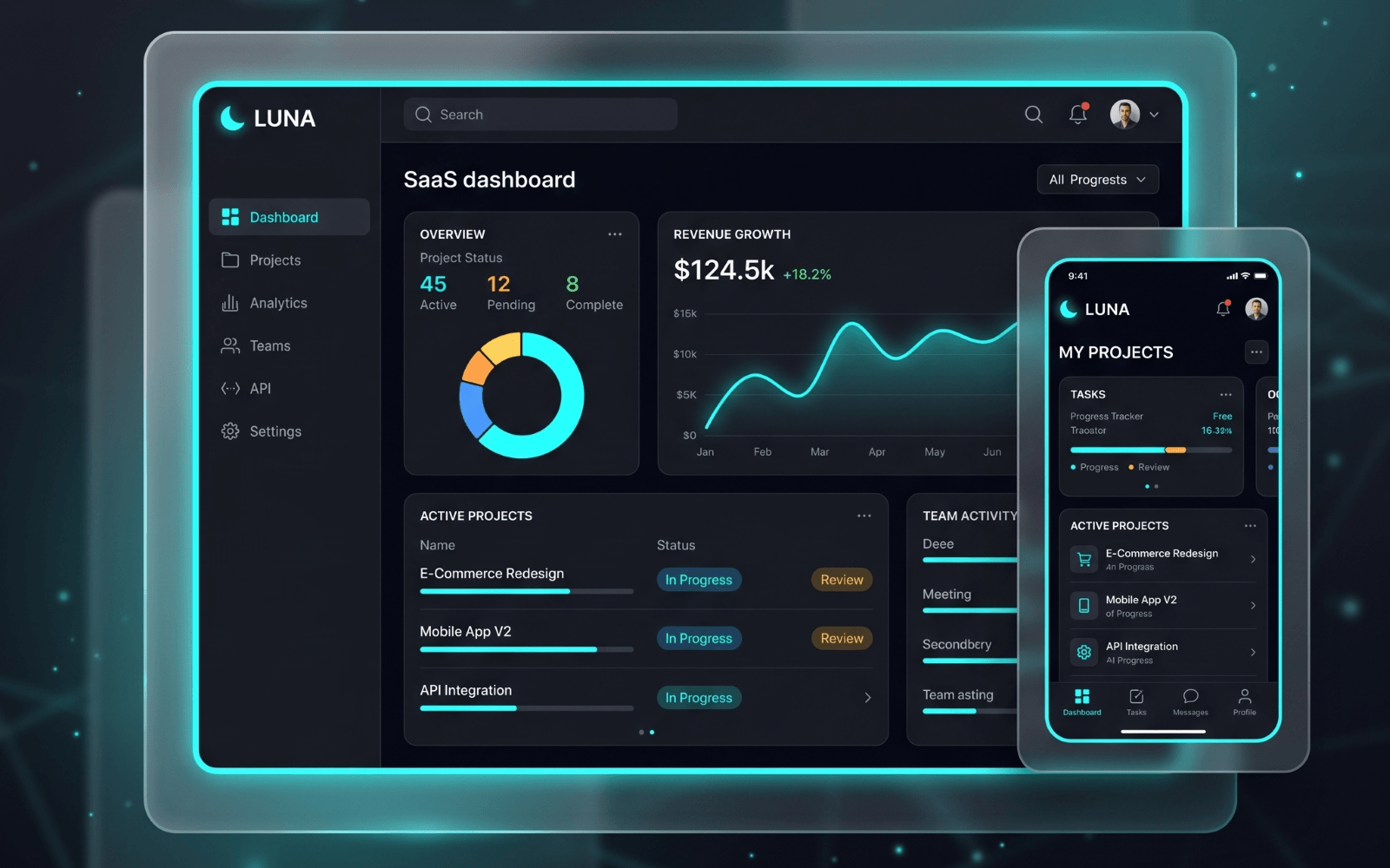 Dark-mode analytics dashboard interface with cyan accents