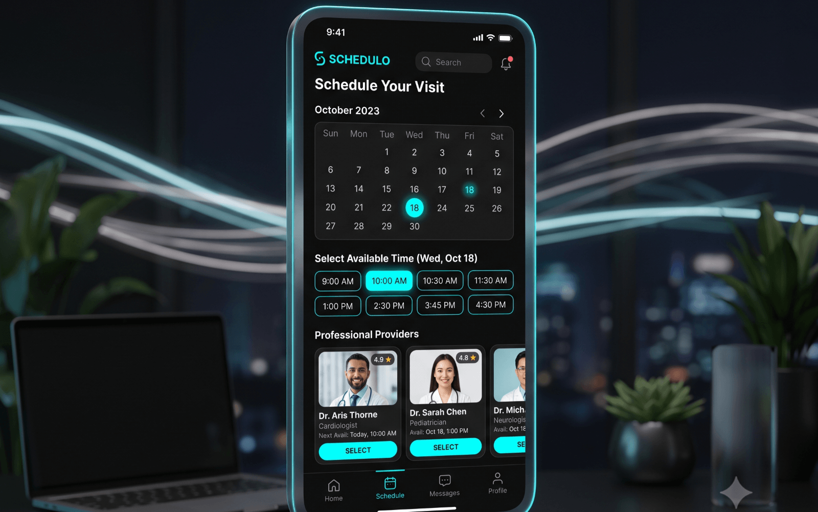 Dark-mode mobile booking app screens