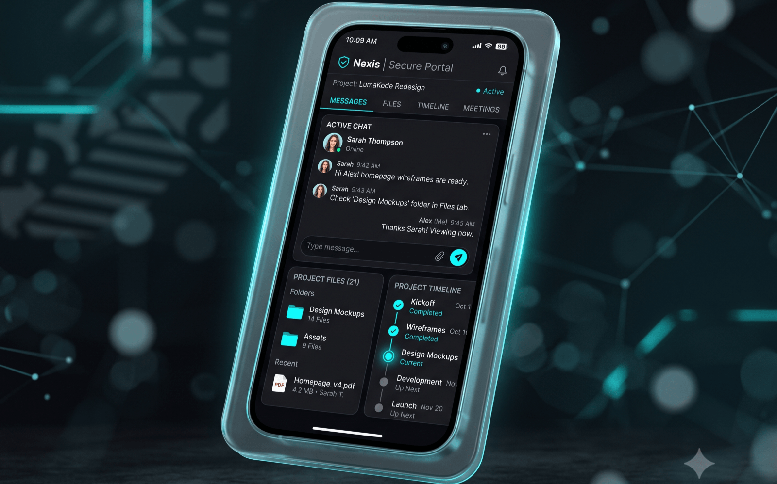 Dark-mode client portal dashboard with cyan highlights