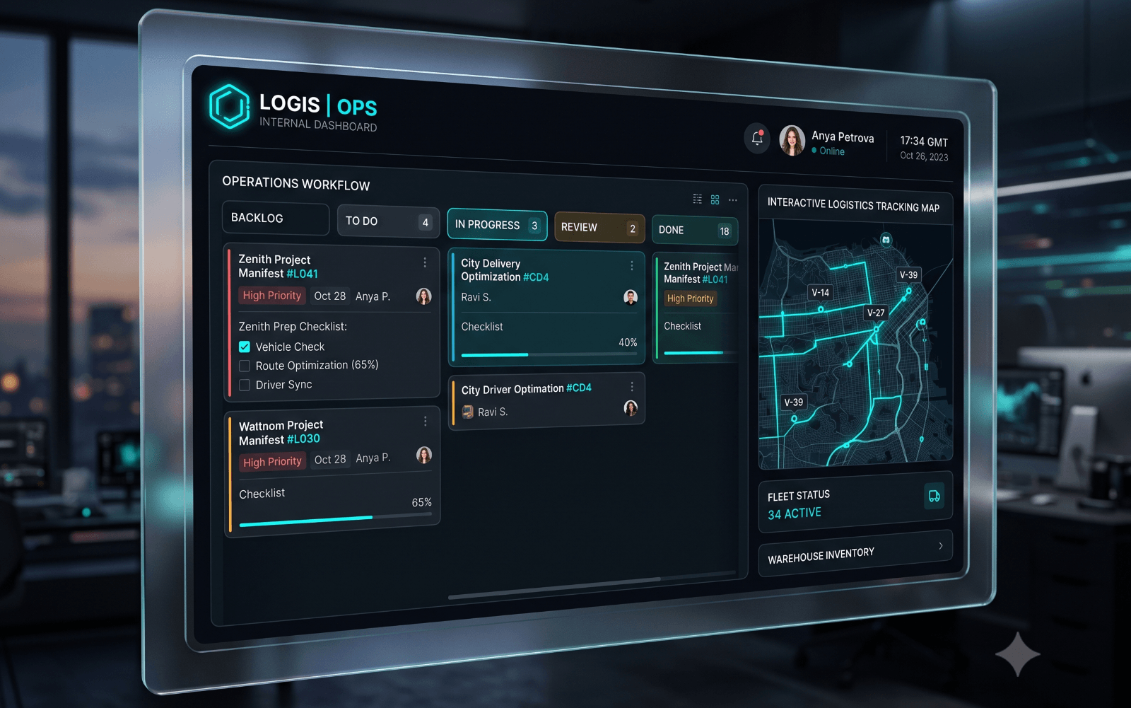 Dark-mode operations dashboard paired with a mobile app