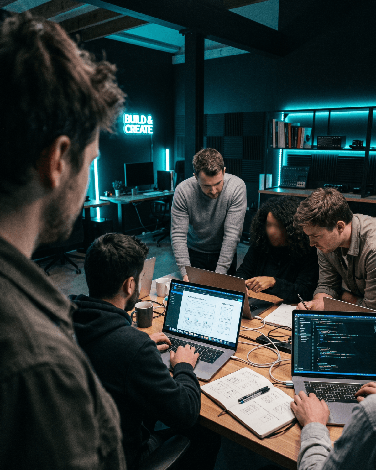 The LumaKode team collaborating on a website build in the studio